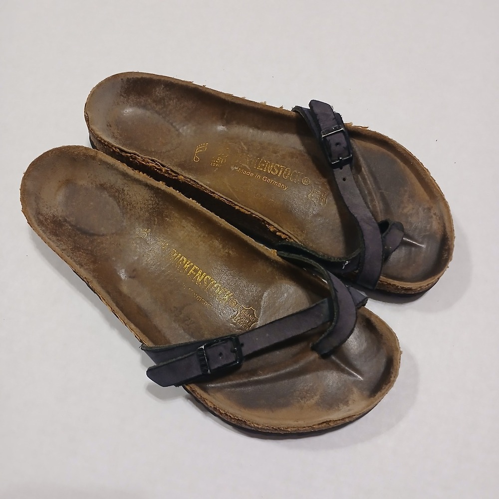 Birkenstock Mayari Womens 8.5 39 Toe Thong Sandals Cork Brown Shiny Buckle